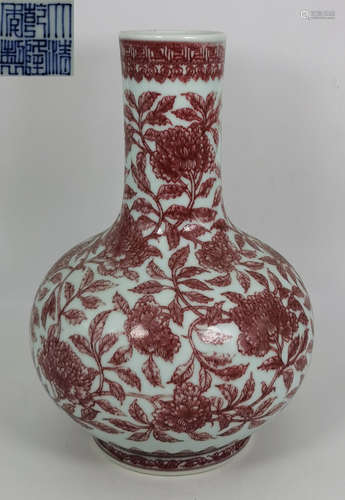 QIANLONG MARK UNDERGLAZE RED FLORAL TIANQIU VASE