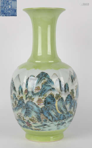 QIANLONG MARK GREEN FAMILLE ROSE LANDSCAPE VASE