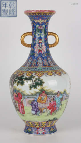 QIANLONG MARK BLUE FAMILLE ROSE FIGURE STORY VASE