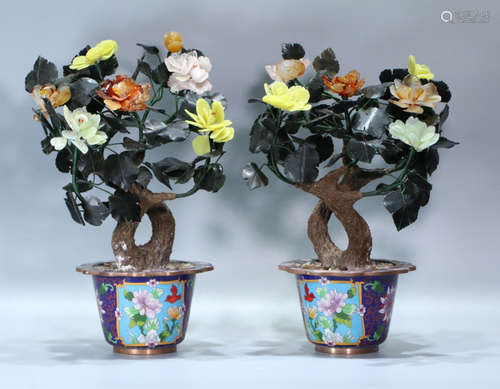 PAIR OF CLOISONNE WITH GEM BONSAI