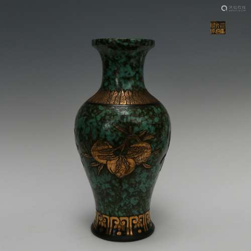 Turquoise Glazed Vase with Gold-traced Design and Carved Pat...