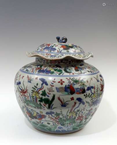 Blue-and-white Multicolored Pot with Lotus Leaf and Mandarin...