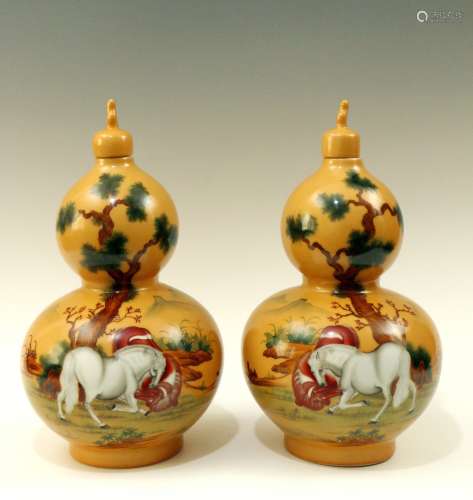 A Pair of Gourd-shaped Vases with Horses Design  by Lang Shi...