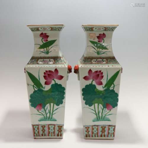 Famille Rose Square Vase with Flowers and Antique Patterns