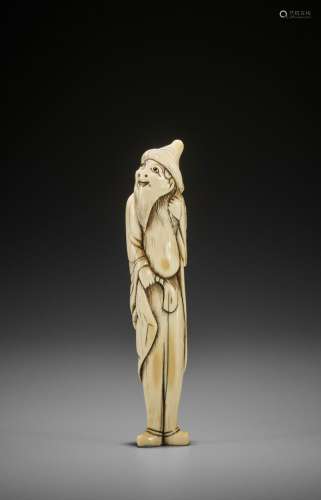 A RARE AND TALL IVORY NETSUKE OF A FOREIGNER