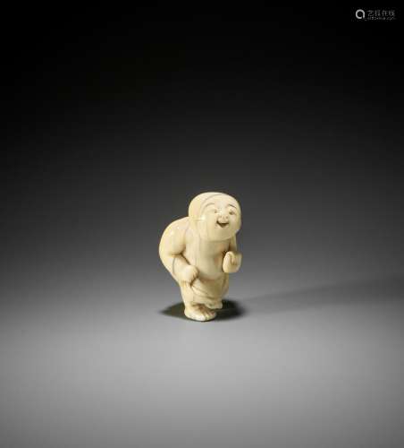 A RARE AND CHARMING IVORY NETSUKE OF A YOUNG SUMO WRESTLER