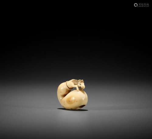 A CHARMING SMALL IVORY NETSUKE OF CHOKARO’S HORSE IN A GOURD