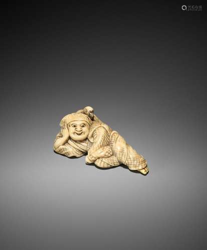 YOSHINAGA: A LARGE AND EXCEPTIONAL IVORY NETSUKE OF A RECLIN...