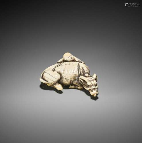 RISUKE GARAKU: AN IVORY NETSUKE OF AN OX AND HERDBOY