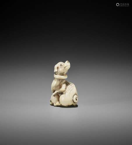 AN IVORY NETSUKE OF A DOG WITH BALL, ATTRIBUTED TO MITSUHARU