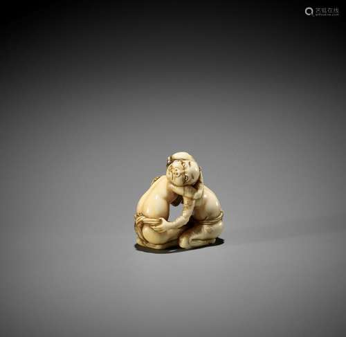 DORAKU: A SUPERB IVORY NETSUKE OF TWO WRESTLING DRUNKS