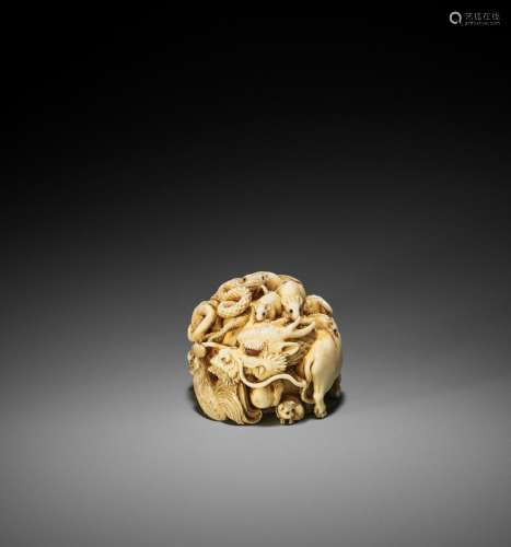 KAIGYOKUSAI MASATSUGU: A SUPERB AND RARE IVORY NETSUKE-OKIMO...