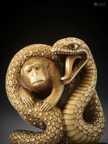 KOSAI: A FINE IVORY NETSUKE OF A SNAKE WITH MONKEY