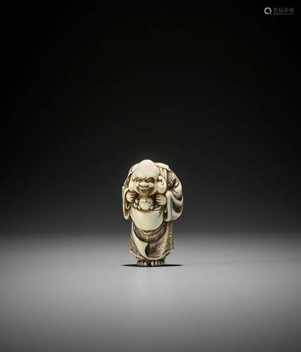 HIDEMASA: A FINE IVORY NETSUKE OF HOTEI WITH KARAKO IN BAG