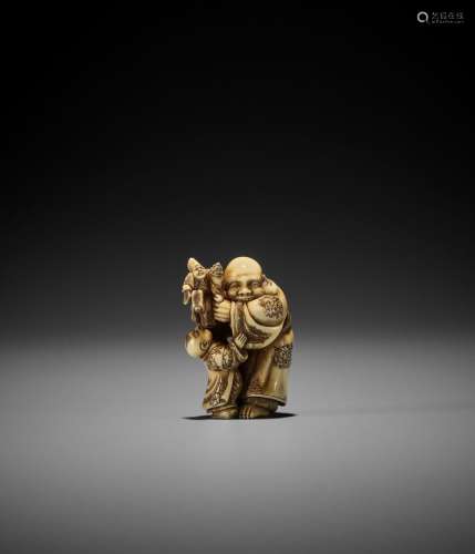 HIDEMASA: A FINE IVORY NETSUKE OF HOTEI AS A PUPPET PLAYER