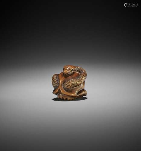 MASAMITSU: A WOOD NETSUKE OF SNAKE AND SKULL