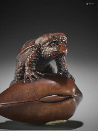 SUKEHARU: A FINE WOOD NETSUKE OF A KAPPA ON CLAM