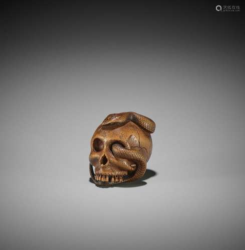 SUKEYUKI: A MASTERFUL WOOD NETSUKE OF A SNAKE AND SKULL