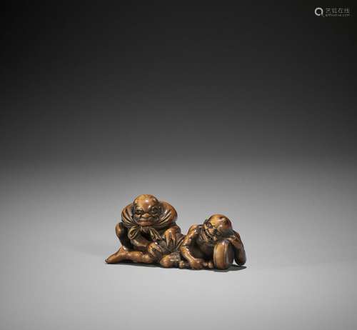 A RARE WOOD NETSUKE OF RAIJIN AND FUTEN