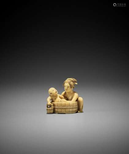 KOJITSU: AN IVORY NETSUKE OF A BIJIN BATHING HER CHILD