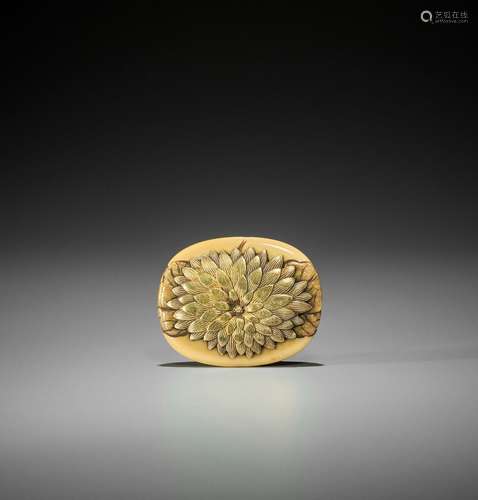 A FINE WALRUS TUSK AND GILT BRONZE MANJU WITH KIKU FLOWER