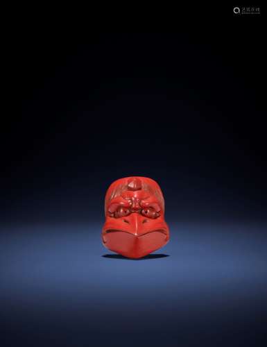 SOMIN: A SUPERB TSUISHU (CARVED RED LACQUER) MASK NETSUKE OF...