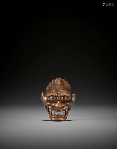 DEME UMAN: A RARE WOOD MASK NETSUKE OF FUJIN