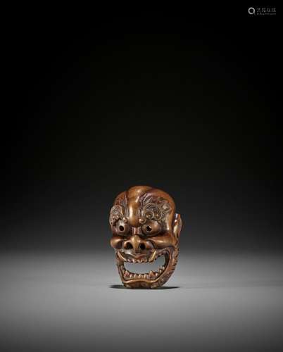 TADATOSHI: A RARE WOOD MASK NETSUKE OF RAIJIN