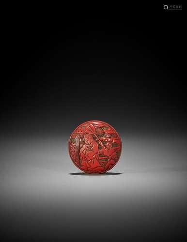 A FINE TSUISHU LACQUER MANJU NETSUKE WITH FEMALE SAGE, BOY A...