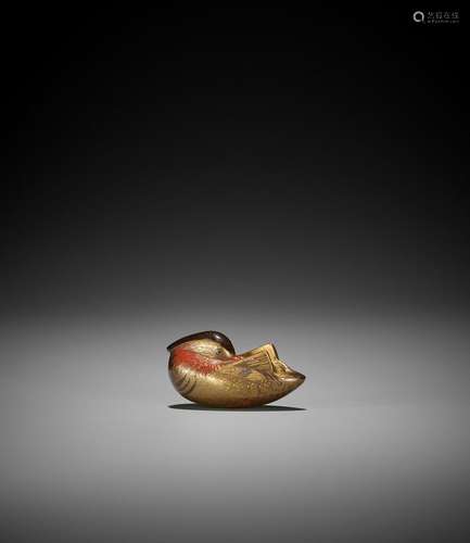 YOKOBUE III: A RARE LACQUERED WOOD NETSUKE OF A MANDARIN DUC...