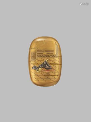 SHOKYOSAI: A METAL-INLAID GOLD LACQUER FOUR-CASE INRO WITH C...