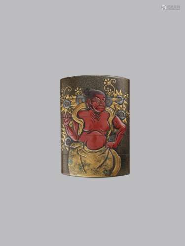 KOMA KYUHAKU: A FINE RED AND GOLD LACQUER FOUR-CASE INRO DEP...
