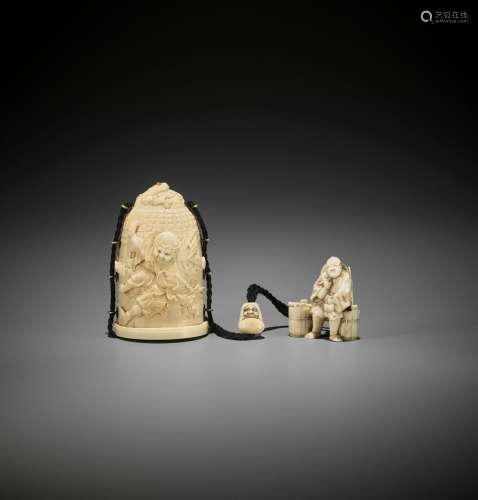 TOMOCHIKA: A RARE IVORY THREE-CASE INRO IN THE FORM OF A TEM...