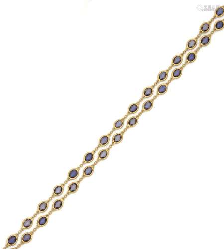 18K黄金（750/1000）长项链，镶嵌71颗蓝色刻面宝石。长度：58.5厘米 -...