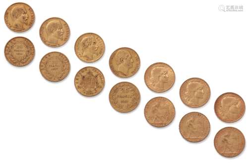 一套金币包括:- 20法郎的黄金。比利时：1865.- 20法郎金币，桂冠头衔...