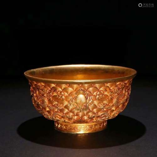 舊藏銅鎏金二龍戲珠紋碗