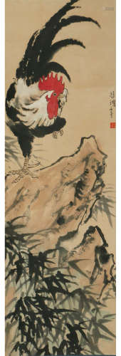 A CHINESE ROOSTER PAINTING SCROLL, XU BEIHONG MARK