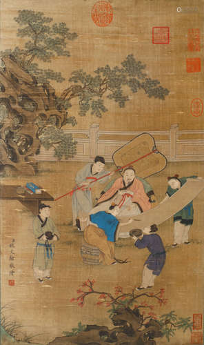 A CHINESE FIGURES PAINTING SILK SCROLL, YAO WENHAN MARK