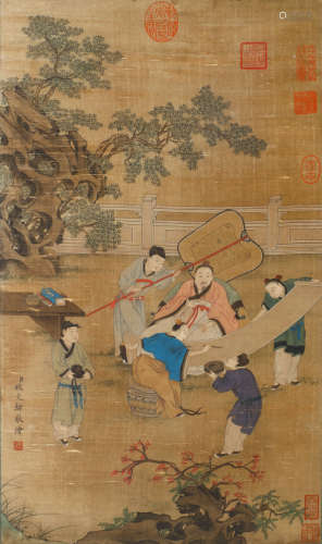 A CHINESE FIGURES PAINTING SILK SCROLL, YAO WENHAN MARK