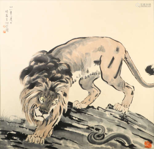 A CHINESE LION PAINTING, XU BEIHONG MARK