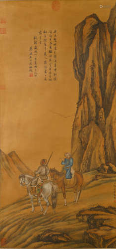 A CHINESE LANDSCAPE&FIGURES PAINTING SILK SCROLL, LANG SHINI...