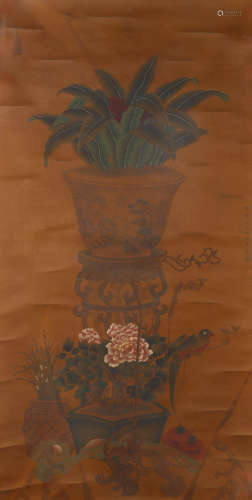 A CHINESE FLOWERS PAINTING SILK SCROLL, WANG MIAN MARK
