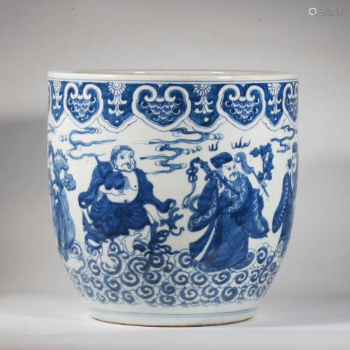 A BLUE AND WHITE EIGHT IMMORTAL FIGURES PORCELAIN VAT