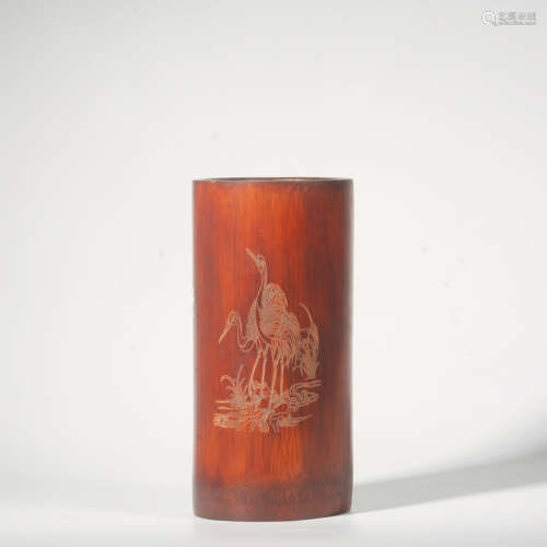 A CRANE CARVED BAMBOO INSCRIBED BRUSH POT