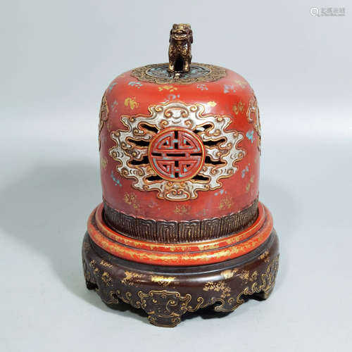 A CORAL RED GLAZE SILVER GILDING CENSER