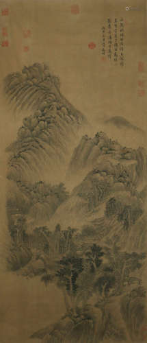 A CHINESE LANDSCAPE PAINTING SILK SCROLL, WEN ZHENGMING MARK