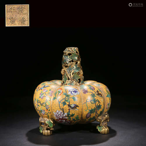 A GILT-BRONZE CLOISONNE ENAMEL PUMPKIN-SHAPED CENSER