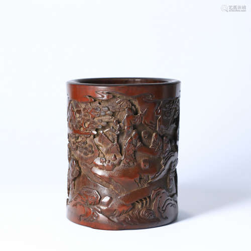 A FIGURES CARVED BAMBOO BRUSH POT