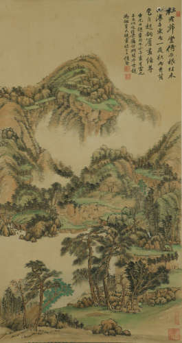 A CHINESE LANDSCAPE PAINTING SILK SCROLL, WU HUFAN MARK