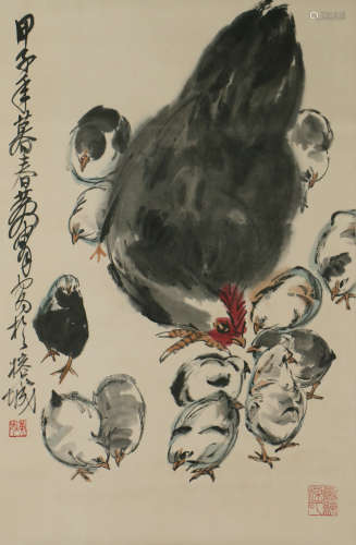 A CHINESE CHICKS PAINTING SCROLL, HUANG ZHOU MARK